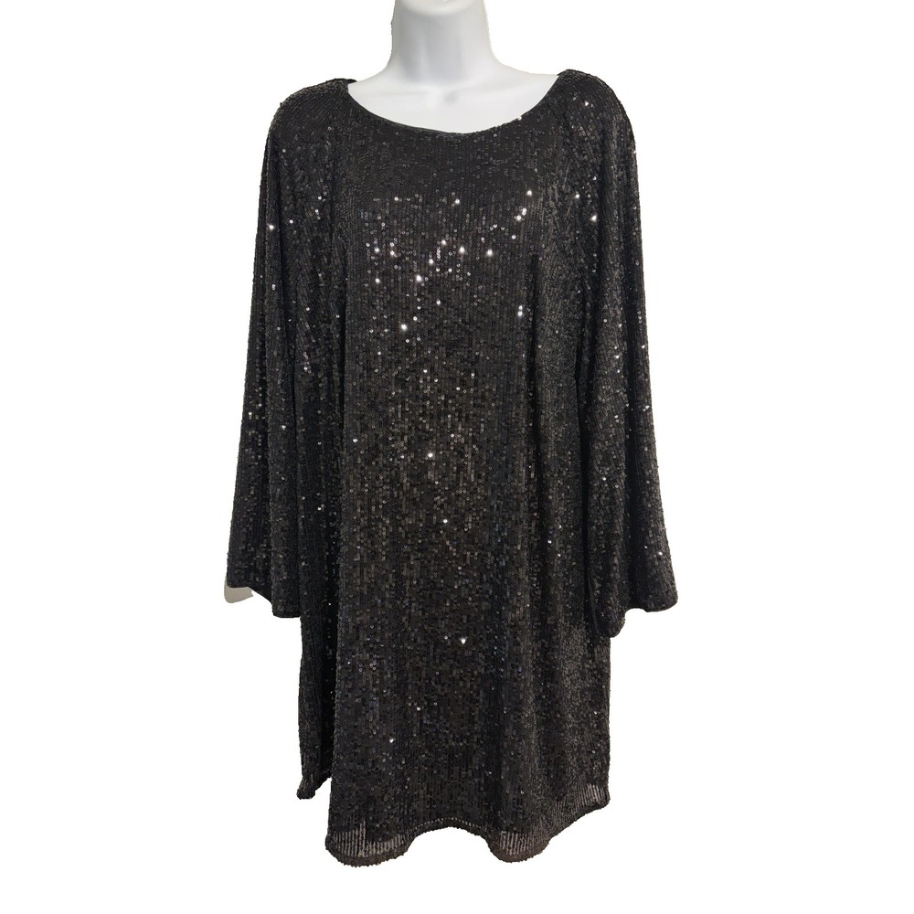 H&M Black Sequin Mini Dress ~L~Long Slv Flowy Shift Glam Formal Retro Whimsigoth